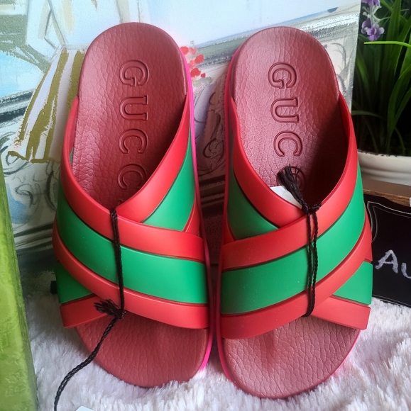 GUCCI Rubber Web Womens Criss Cross Slide Sandals  Coral New Shamarock - Picture 9 of 13